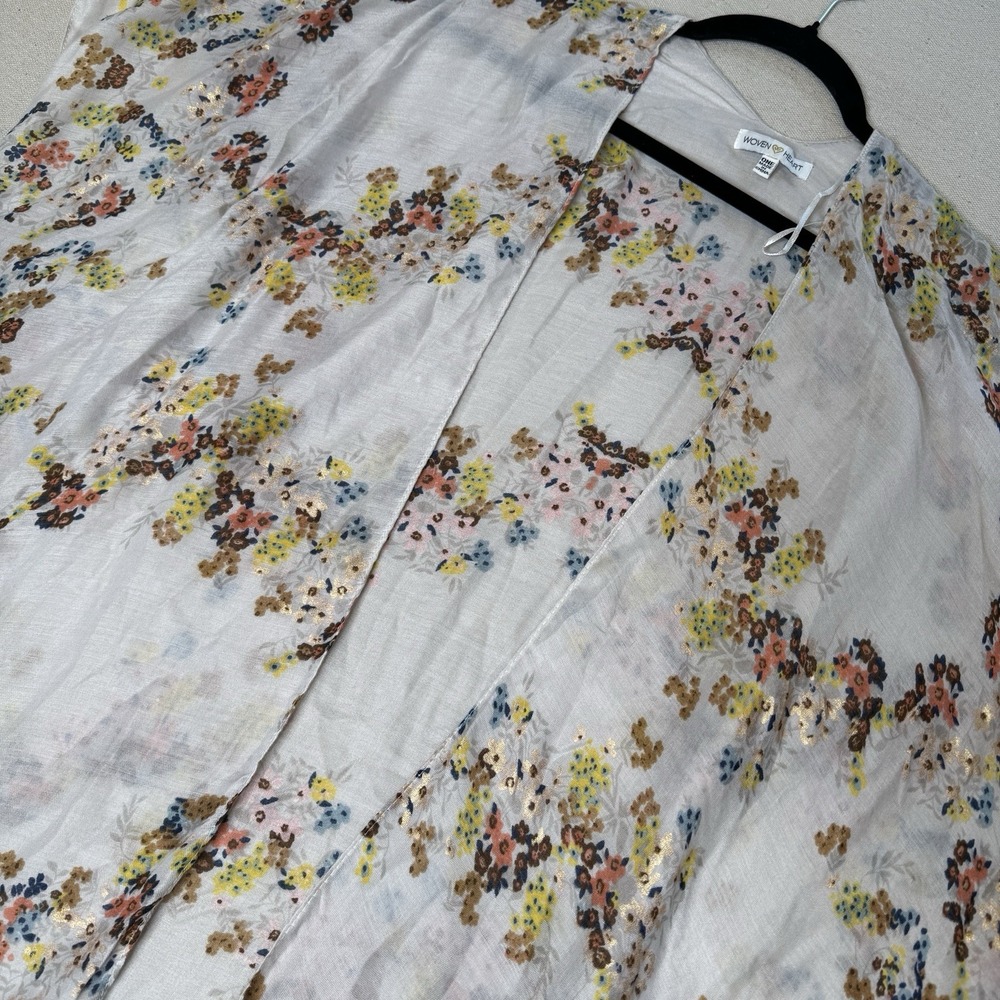 Woven Heart Boho Beige Floral Multicolor Wrap Duster Kimono Cover Up One Size